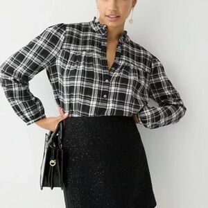 J. Crew Black and White Plaid Ruffle-neck Flannel Popover Top in Size S